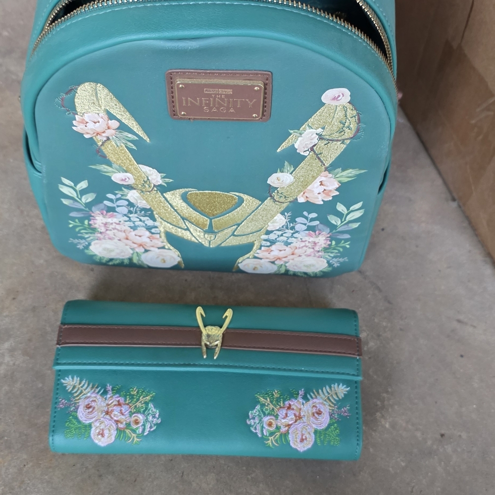 NFINITY Teal Floral Backpack and Wallet Set with Gold Accents